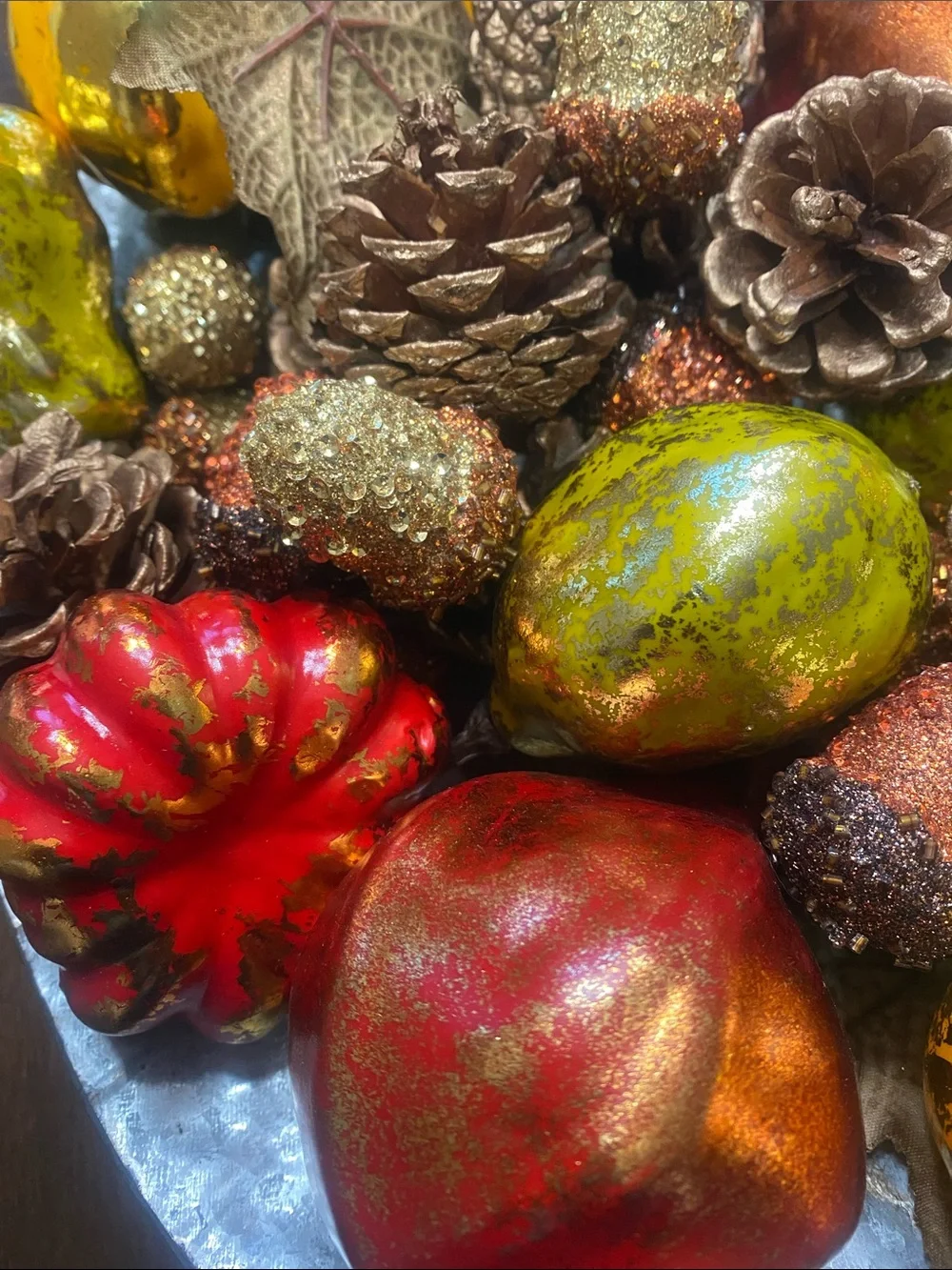 Festive Mixed Autumn Gourd and Pinecone Bowl - Orange, Red, Green